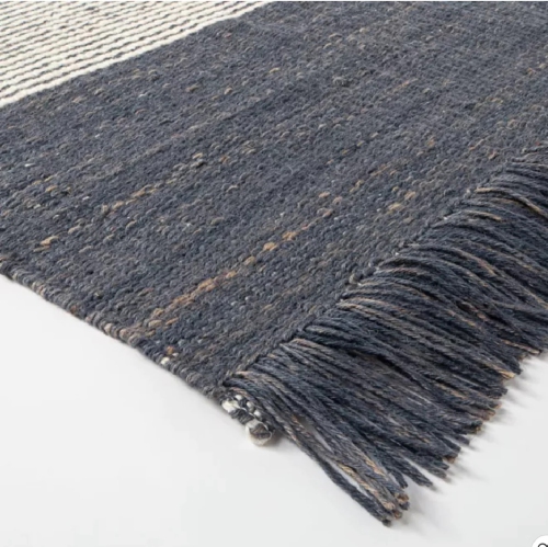5' x 7' Hand Woven Blue and Beige Striped Jute Area Throw Rug
