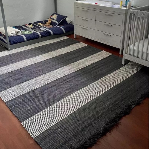 5' x 7' Hand Woven Blue and Beige Striped Jute Area Throw Rug