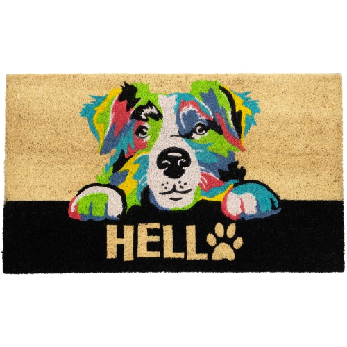 NORTHLIGHT  Ivory And "hello" Multicolor Dog Outdoor Coir Doormat 18" X 30" In Black