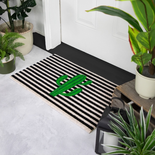 Green Cactus Striped Natural Coir Outdoor Doormat 18" x 30"