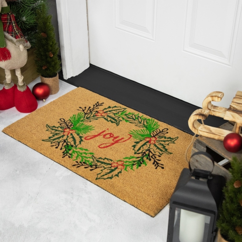 Natural Coir "Joy" Wreath Christmas Doormat 18" x 30"