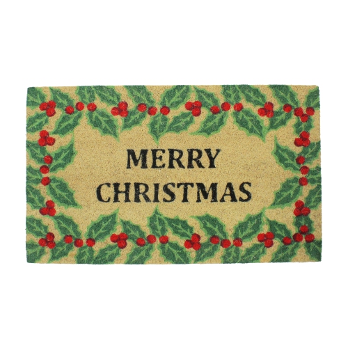 NORTHLIGHT  Natural Coir Holly Berries "merry Christmas" Doormat 18" X 30"