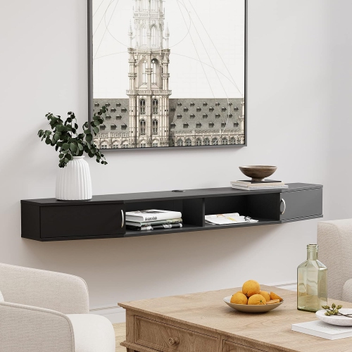 WAMPAT 70" Floating TV Shelf with Charging Station,Wall Mounted TV Stand,Media Console Stand with Doors,Entertainment Shelf for Living