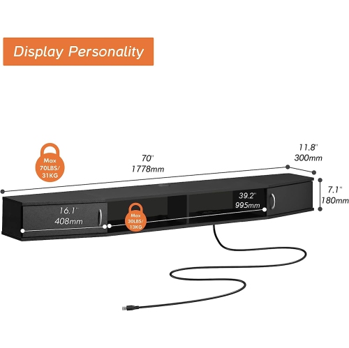 WAMPAT 70" Floating TV Shelf with Charging Station,Wall Mounted TV Stand,Media Console Stand with Doors,Entertainment Shelf for Living
