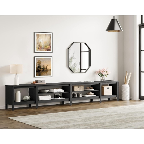 WAMPAT TV Stand for 85 Inch TV, Wood Entertainment Center for 80 85 90 100 inch TV Console Table with 6 Cubby Storage for Living Room Bedroom, Black