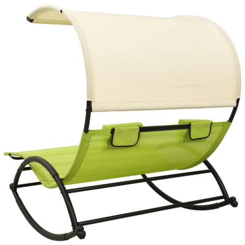 vidaXL Double Sun Lounger with Canopy Textilene Green and Cream