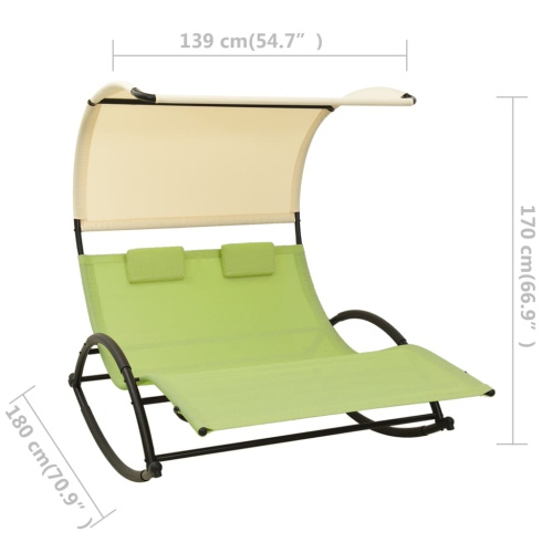 vidaXL Double Sun Lounger with Canopy Textilene Green and Cream