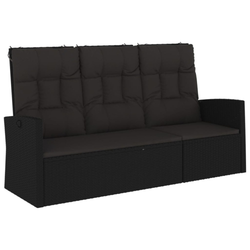 Banc de jardin inclinable avec coussins en rotin 173&nbsp;cm noir