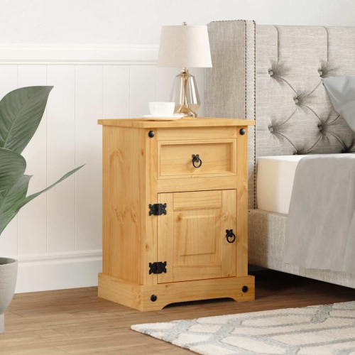 vidaXL Bedside Cabinet with 1 Drawer & 1 Door, Solid Pine Wood, 20.9''x15.4''x26'', Natural Finish