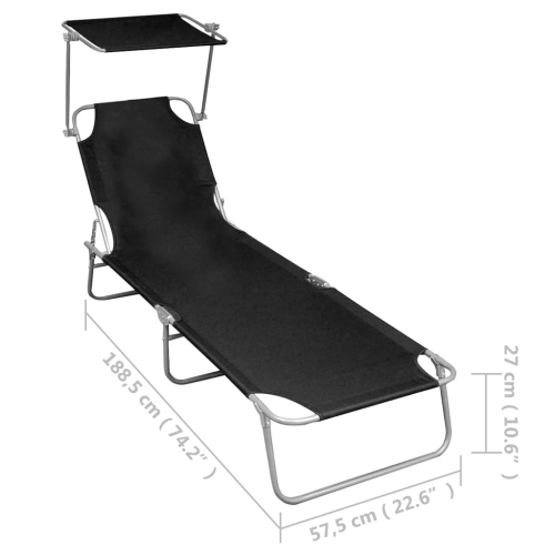 vidaXL Folding Sun Lounger with Canopy Black Aluminium