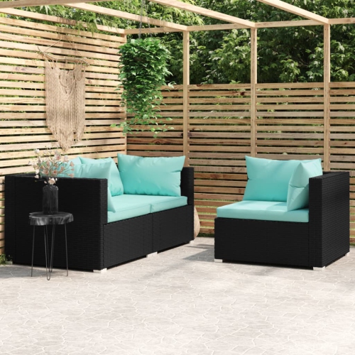 vidaXL 3 Piece Garden Lounge Set with Cushions Black Poly Rattan