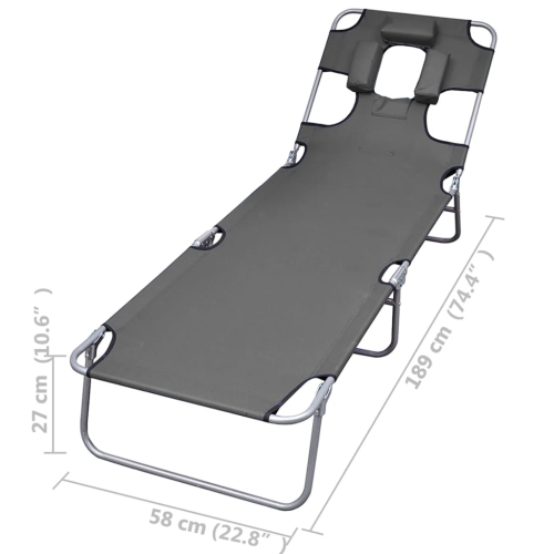 vidaXL Foldable Sunlounger with Head Cushion Adjustable Backrest Grey