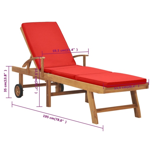 Chaise longue pour soleil avec coussin en teck massif rouge