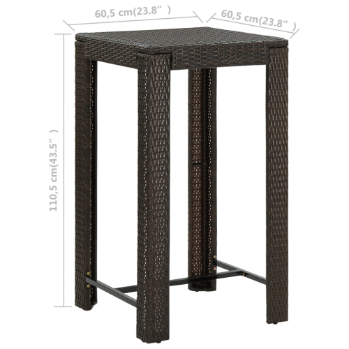 vidaXL Patio Bar Table Brown 23.8"x23.8"x43.5" Poly Rattan