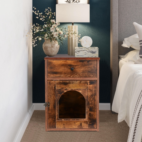 Wooden Cat Litter Box Furniture with Drawer and Door, Waterproof Hidden Cat House Box Indoor Cabinet Cat Washroom End Table Nightstand