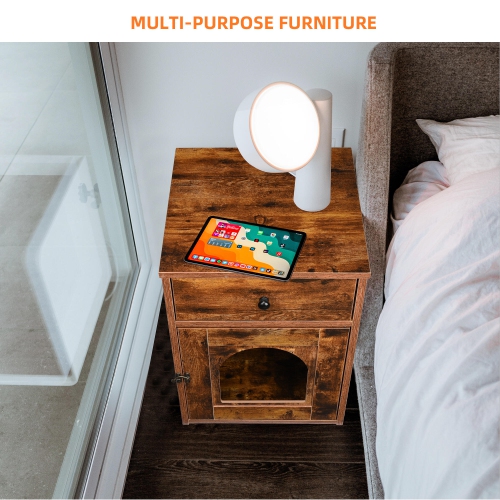 Wooden Cat Litter Box Furniture with Drawer and Door, Waterproof Hidden Cat House Box Indoor Cabinet Cat Washroom End Table Nightstand