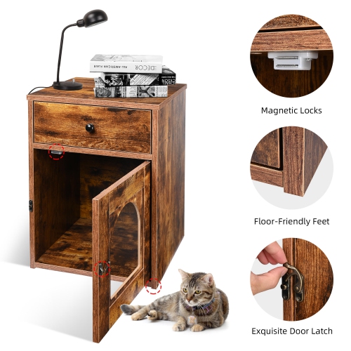 Wooden Cat Litter Box Furniture with Drawer and Door, Waterproof Hidden Cat House Box Indoor Cabinet Cat Washroom End Table Nightstand