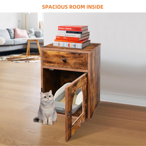 Wooden Cat Litter Box Furniture with Drawer and Door, Waterproof Hidden Cat House Box Indoor Cabinet Cat Washroom End Table Nightstand