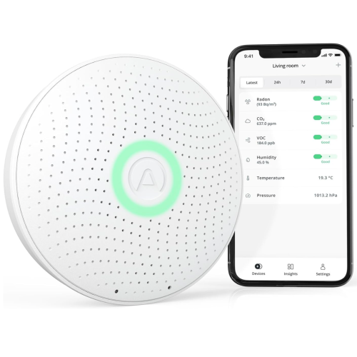 AIRTHINGS Wave Plus Indoor Air Quality Monitor with Radon Detection Free App & Web Dashboard Easy-to-Use Radon, Tvocs, Co2, Temperature, Humidity &