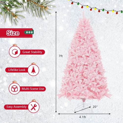 Costway 7 FT Flocked Artificial Christmas Tree Hinged with 500 LED Lights 1200 Branch Tips
