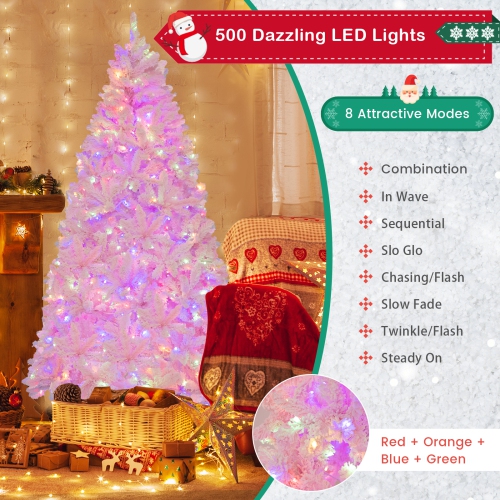 Costway 7 FT Flocked Artificial Christmas Tree Hinged with 500 LED Lights 1200 Branch Tips