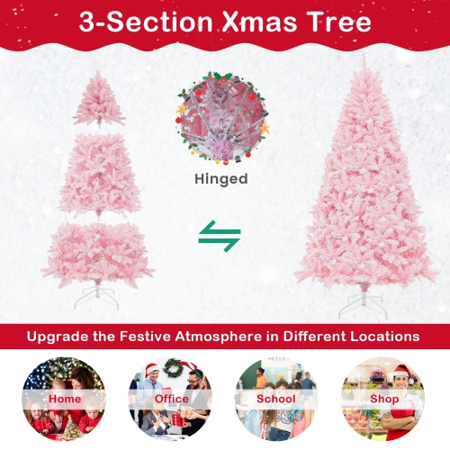 Costway 7 FT Flocked Artificial Christmas Tree Hinged with 500 LED Lights 1200 Branch Tips