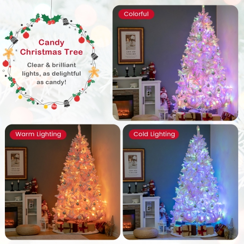 Costway 7 FT Flocked Artificial Christmas Tree Hinged with 500 LED Lights 1200 Branch Tips