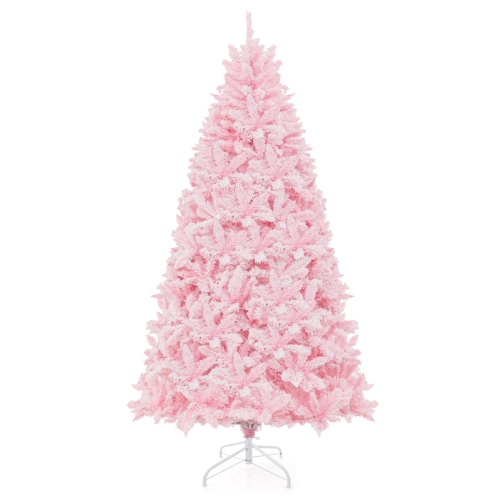 Costway 7 FT Flocked Artificial Christmas Tree Hinged with 500 LED Lights 1200 Branch Tips
