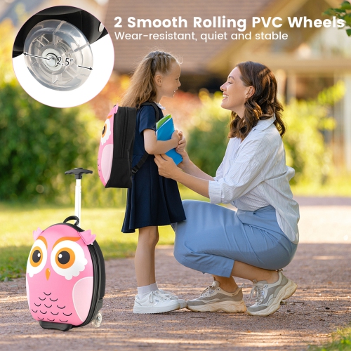 Ensemble de 2 valises cabine 16&nbsp;po hibou à roulettes pour enfants de Costway avec sac à dos de voyage 12&nbsp;po rose/blanc/jaune