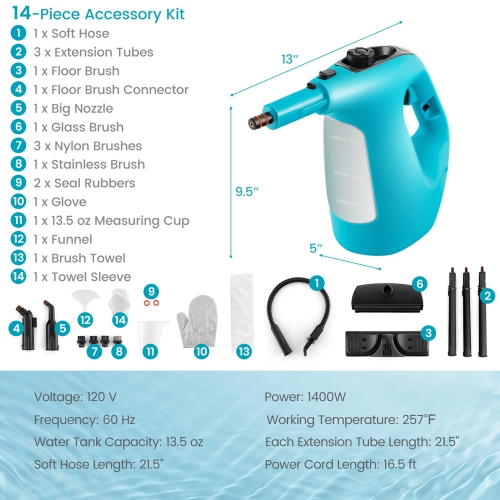 Costway 1400W Multipurpose Handheld Steam Cleaner Steam Mop with 14 Accessories Blue/Green