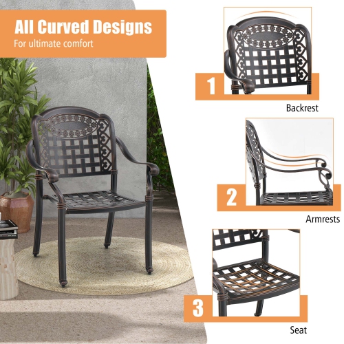 Costway 4pcs Patio Cast Aluminum Armrest Chairs Dining Stackable Outdoor Bronze/White