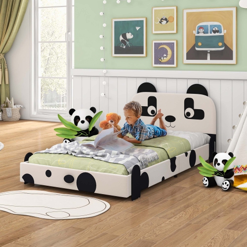 Cadre de lit simple recouvert à profil bas avec tête de lit panda de Costway pour jeune enfant