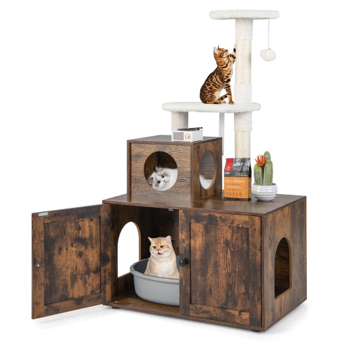 Costway 2 in 1 Wooden Litter Box Enclosure with Cat Tree Hidden