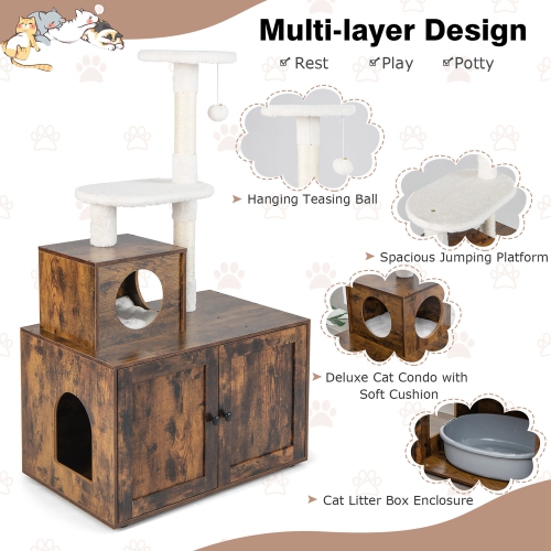 Costway 2-in-1 Wooden Litter Box Enclosure with Cat Tree Hidden Washroom Furniture