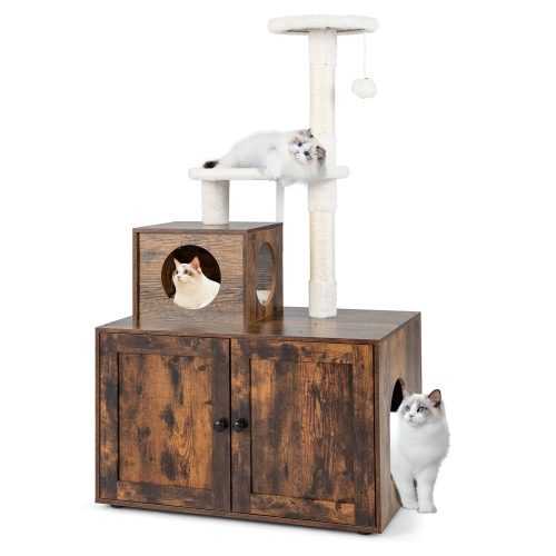 Costway 2-in-1 Wooden Litter Box Enclosure with Cat Tree Hidden Washroom Furniture