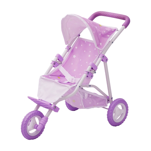 Teamson Home 16" Doll Baby Stroller Pushchair Buggy Pram Foldable 3 Wheeler Star Design Pink