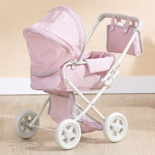 Teamson Kids 16" Doll Baby Foldable Classic Design Pram Stroller Buggy 4 Wheel Playset Pink