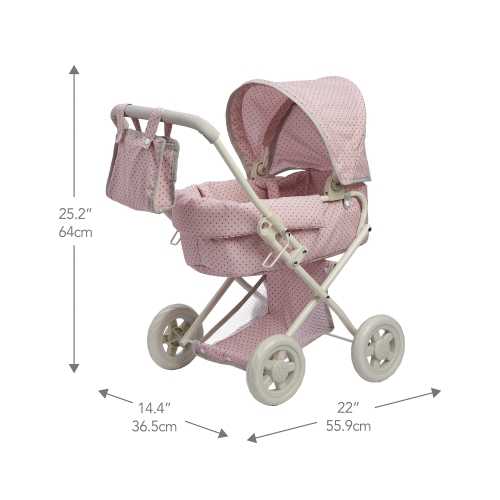 Teamson Kids 16" Doll Baby Foldable Classic Design Pram Stroller Buggy 4 Wheel Playset Pink