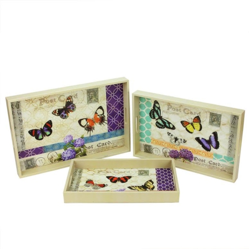 Ensemble de 3 plateaux de service rectangulaires de 19 po, papillons ivoire et violets