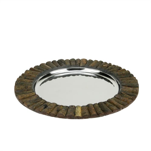 14" Handcrafted Decorative Round Rustic Charger Serving Tray with Wood Accents