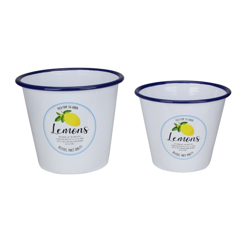 Image 1 of 3.. Set of 2 Fresh from the Garden Lemon Metal Buckets 6.75"
