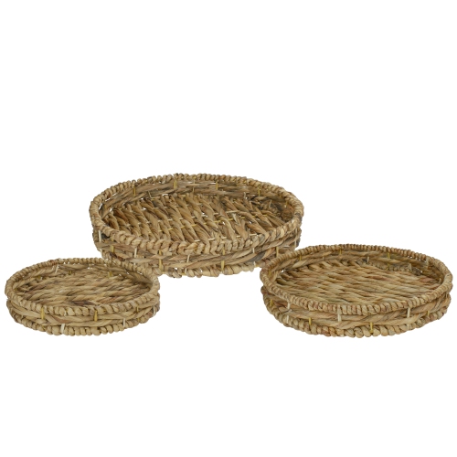 Set of 3 Round Natural Woven Water Hyacinth Serving Trays 16"