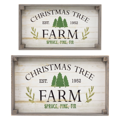 Set of 2 Gray and White Farm Fresh Christmas Trees Wooden Tray Hanging Signs 21"