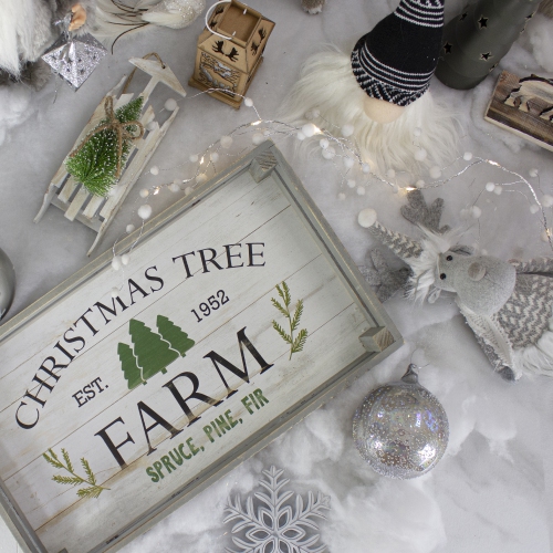Set of 2 Gray and White Farm Fresh Christmas Trees Wooden Tray Hanging Signs 21"
