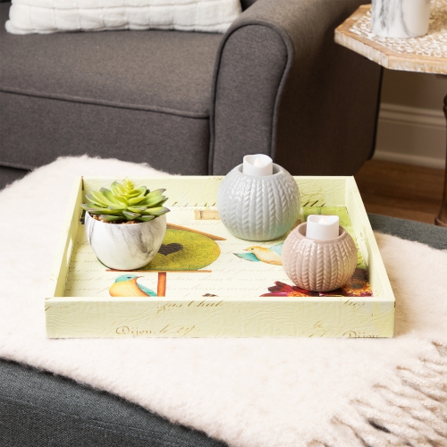 Set of 3 Yellow and White Birdhouse in Garden Square Serving Trays 16"