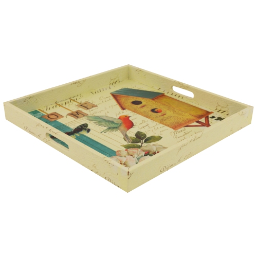 Set of 3 Yellow and White Birdhouse in Garden Square Serving Trays 16"