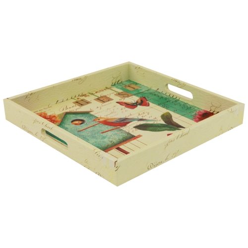 Set of 3 Yellow and White Birdhouse in Garden Square Serving Trays 16"