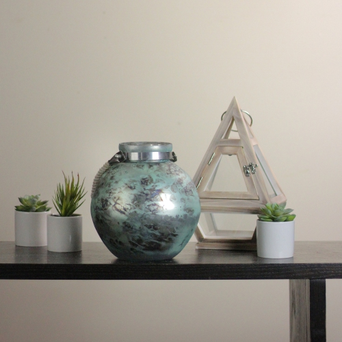 14.5" Green and Black Seaside Treasures Glass Hurricane with Rope Handle