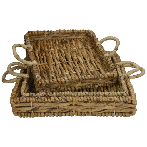 Set of 3 Square Natural Woven Water Hyacinth Serving Trays with Handles 16"