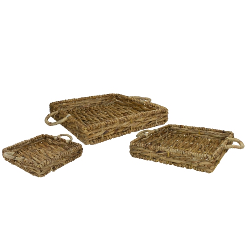 Set of 3 Square Natural Woven Water Hyacinth Serving Trays with Handles 16"